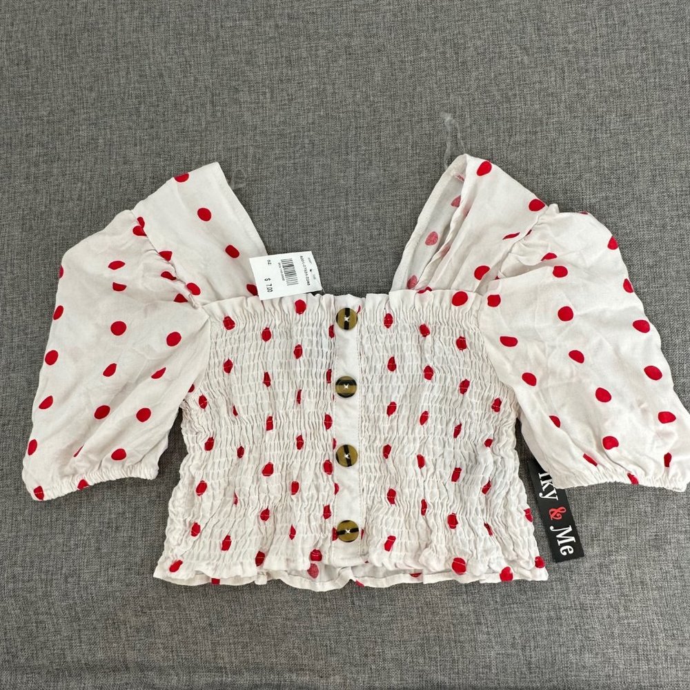 Cute Crop Top Red Polkadot & Off White Small Puffy Sleeves Brand‎ New
